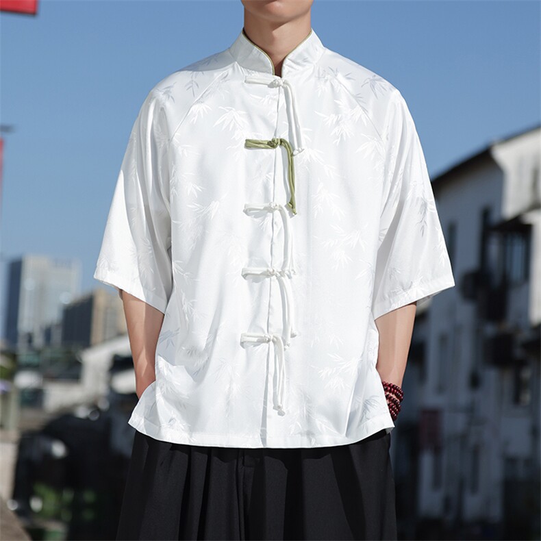 大码新中式风竹叶提花插肩袖手工盘扣立领短袖唐装衬衫30503图片