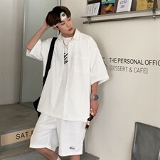 TZ65356/P55港风华夫格短袖套装男装大码衬衣衬衫短裤两件套控89，男装休闲套装，电商A141