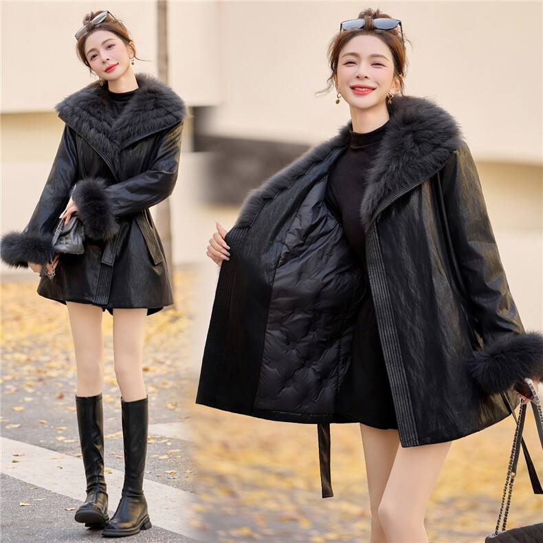 2025冬季新款真狐狸毛90白鸭绒皮质高级羽绒服纯色真毛领真袖毛,女装羽绒服,众宇琦