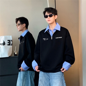 高级感条纹翻领拼接假两件Polo衫男春秋季W100-P58图片