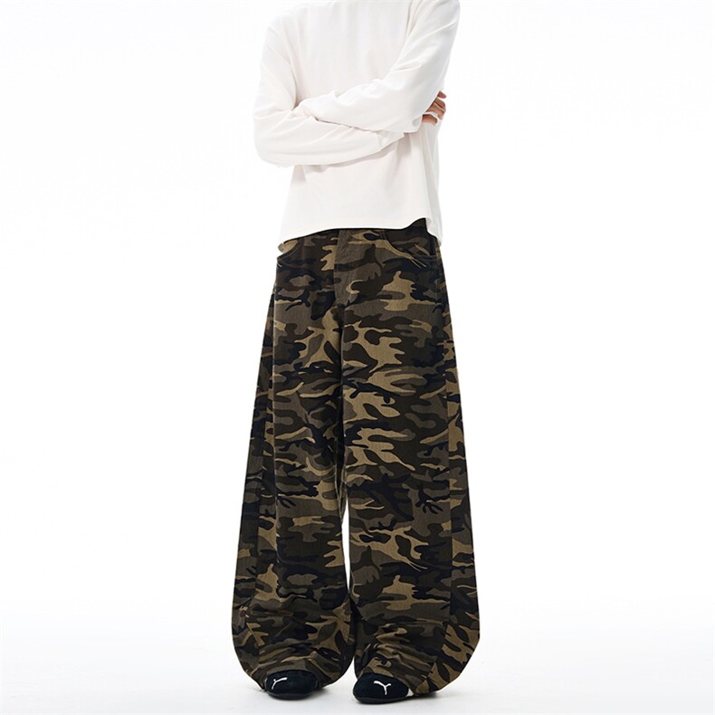 2025秋冬美式高街拖地复古阔腿迷彩休闲裤女慵懒宽松直筒长裤子潮，男装休闲裤，星座301D-3