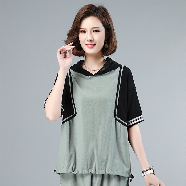T恤时尚潮流舒适短袖2021年夏季连帽宽松休闲气质，女装T恤，叶笙衣