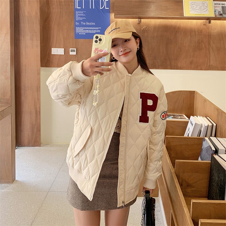 菱形格子压皱立领棉衣复古外套女可爱棉服C583-80图片