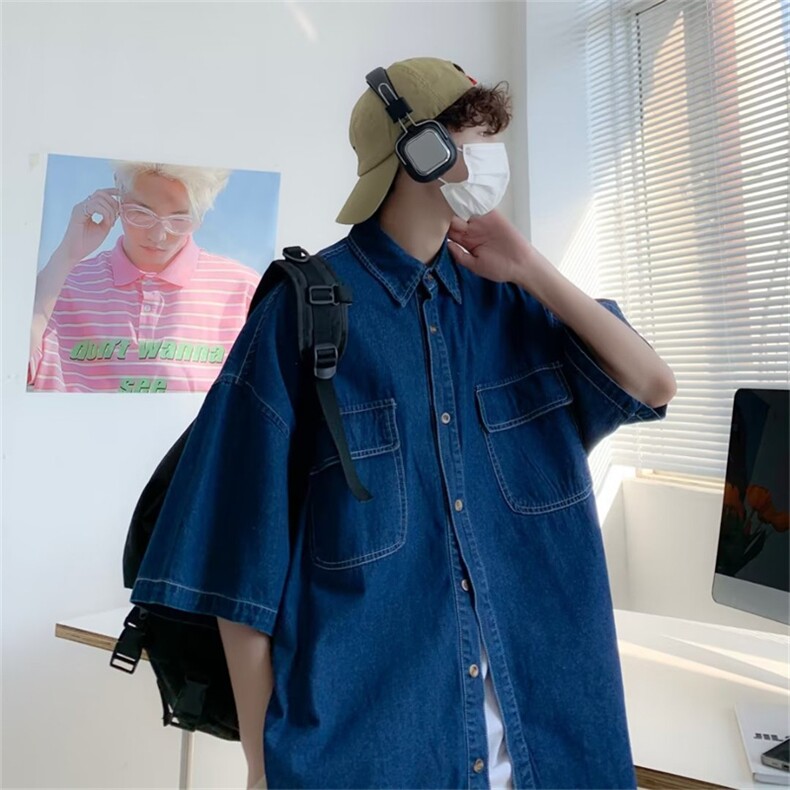 工装外套港风复古牛仔衬衫男夏季新款宽松休闲短袖衬衣W3431-P40,男装衬衫,星座512-2