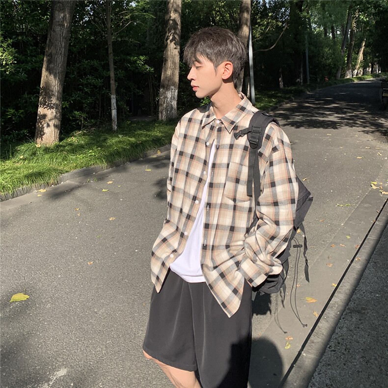 B413-1-DX840新款港风纯棉宽松翻领格子长袖衬衫日系简约外套控89图片