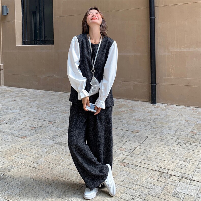 韩系小香风气质套装女2025春新款设计感拼接收腰显瘦阔腿裤两件套,女装套装/套裙,维壹