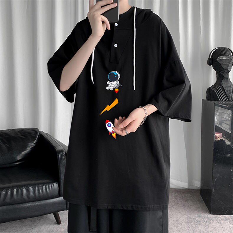 LD54165-P45 连帽短袖t恤男大码胖子带帽五分袖中袖图片