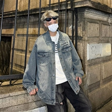 牛仔外套男士韩版潮流高街帅字母宽松2024秋冬季ins夹克W6216-P62，男装工装外套，星座412-2