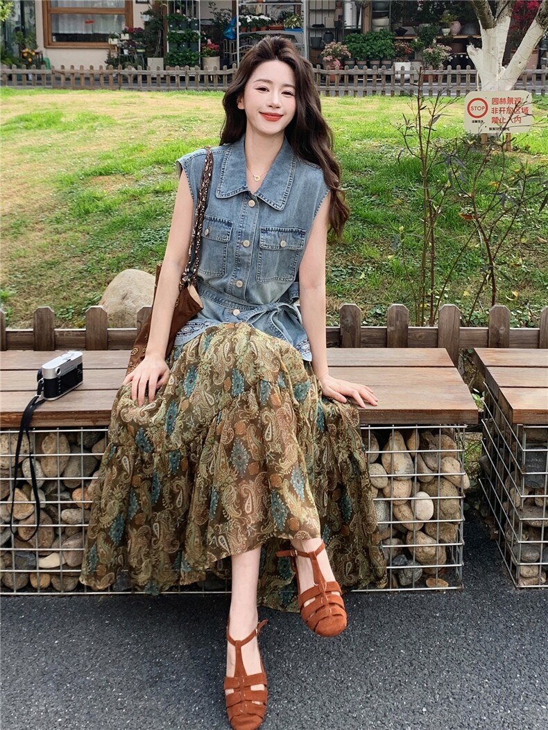 复古套装裙2026夏季优雅休闲刺绣系带牛仔马甲碎花裙两件套,女装套装/套裙,冬木谷雨