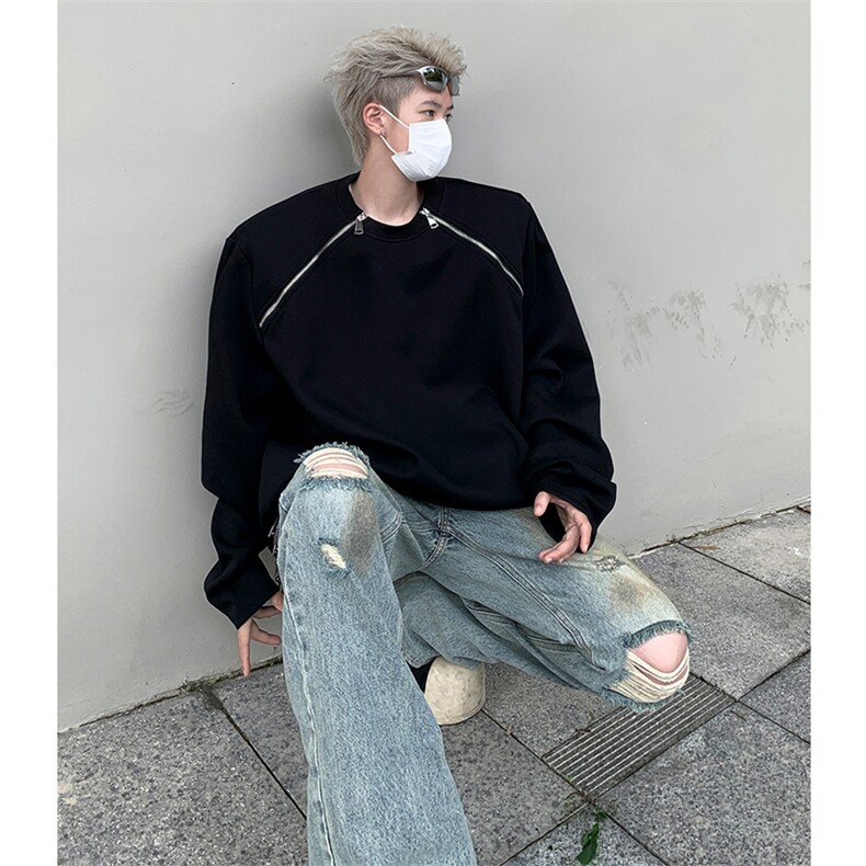 美式复古高街拉链设计感宽松垫肩圆领卫衣男女上衣-WY2412-P68,男装卫衣,电商B289