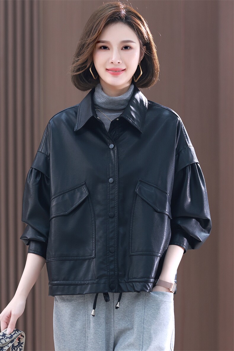 黑色皮衣外套女短款时尚2025年春装新款上衣中年妈妈大码机车夹克,女装短外套,丽影随形