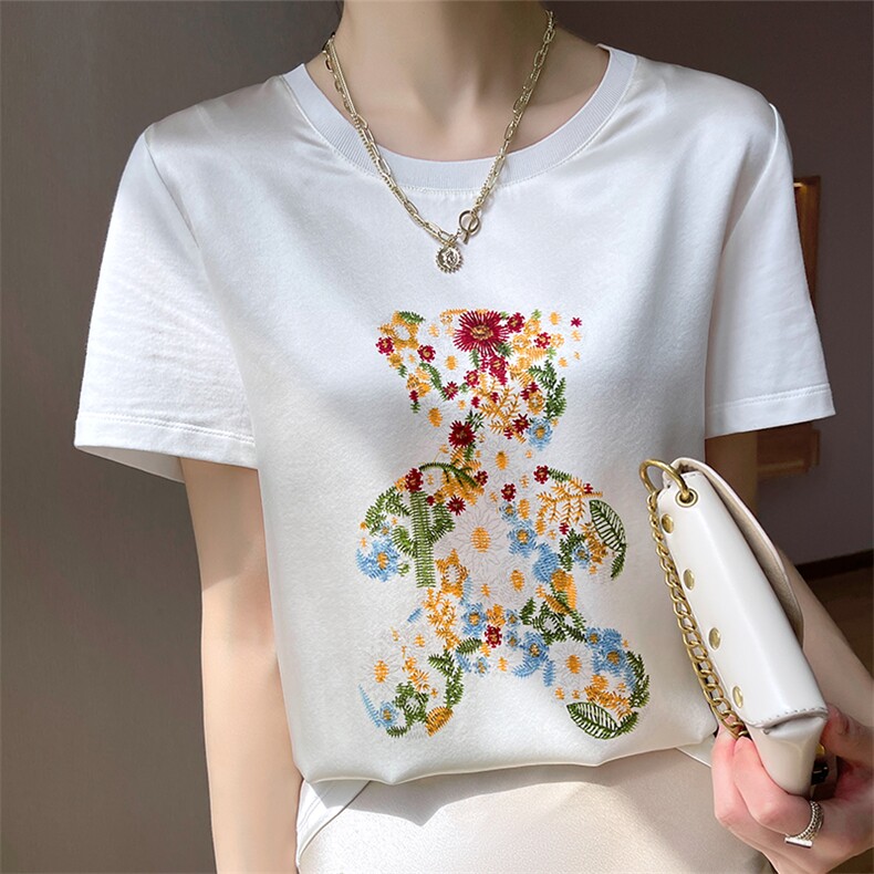 重磅真丝t恤女短袖印花桑蚕丝白色圆领小衫2024夏装半袖短款上衣,女装T恤,兴泰羊绒