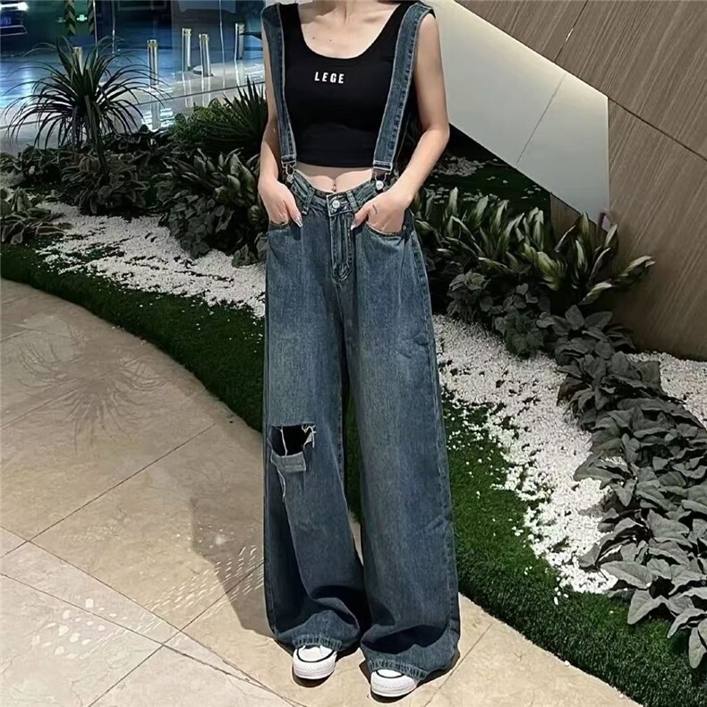 辣妹破洞牛仔背带裤女2025夏季新款韩版大码宽松显瘦百搭阔腿裤子,男装牛仔裤,星座506A