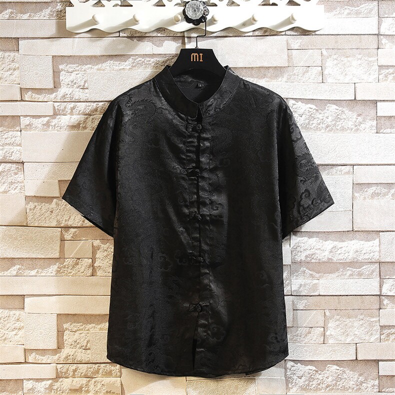风短袖衬衫男士夏季复古盘扣汉服龙纹衬衣新中式男装C339P40,男装衬衫,电商A056