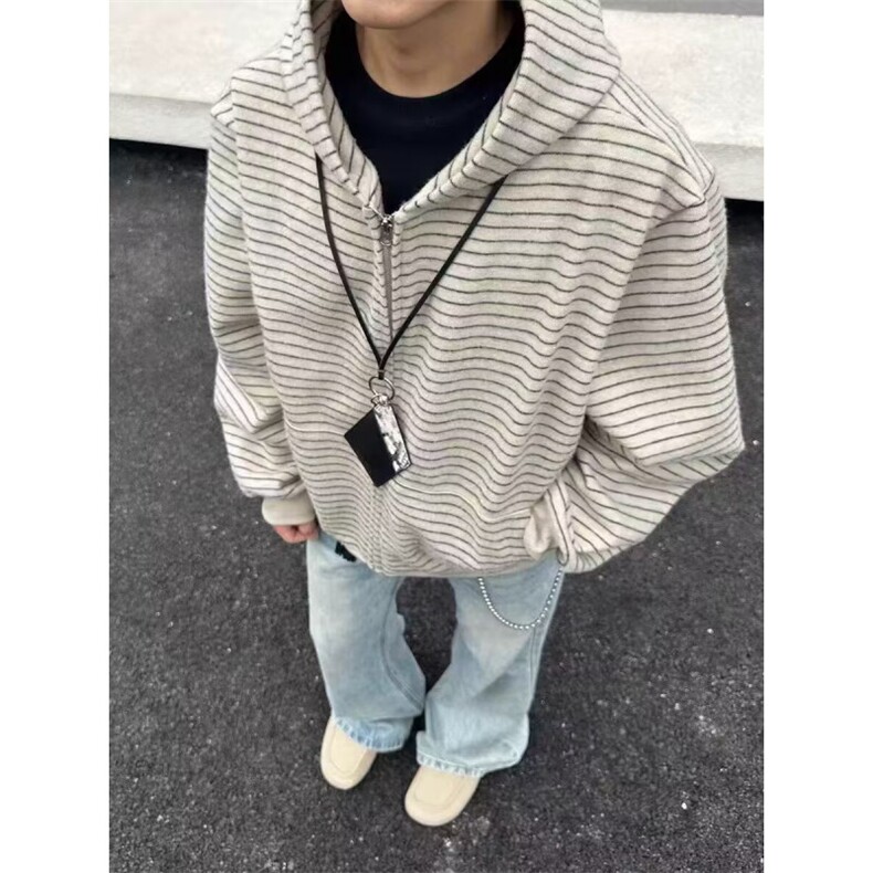 新款美式复古条纹开衫拉链长袖卫衣男女春秋连帽宽松慵懒风外套,女装短外套,星座601-1