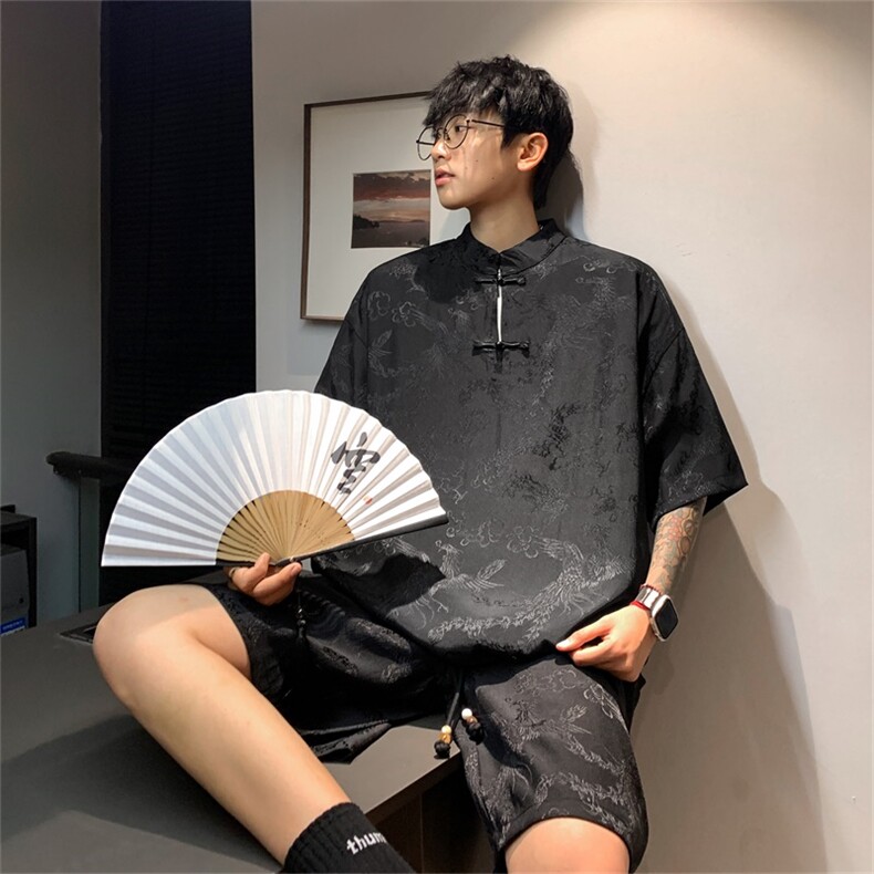 量大优供视频新风龙凤提花冰丝短袖短裤套装男TZ2406-特P60,男装休闲套装,电商A028