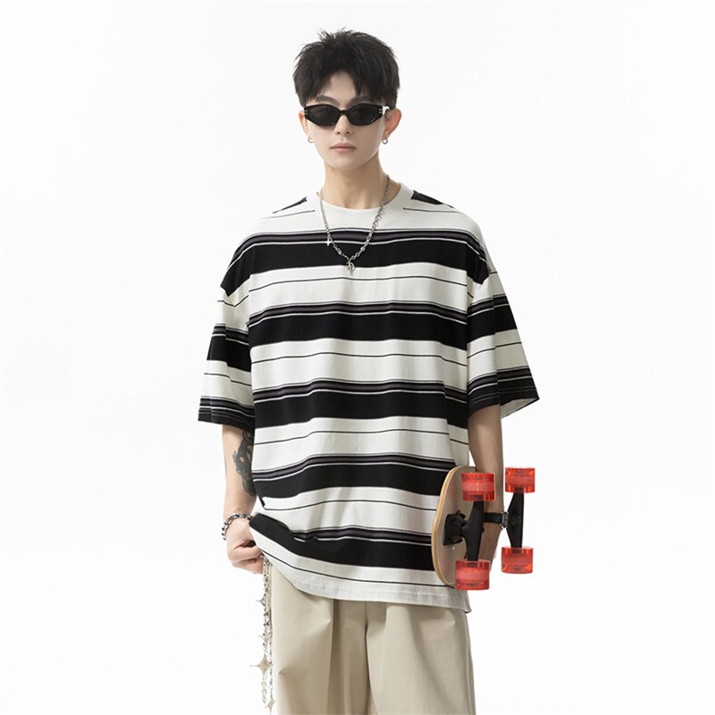 夏季潮流条纹宽松圆领短袖T恤男女百搭上衣T3602-P30【特价】,男装T恤,电商A007