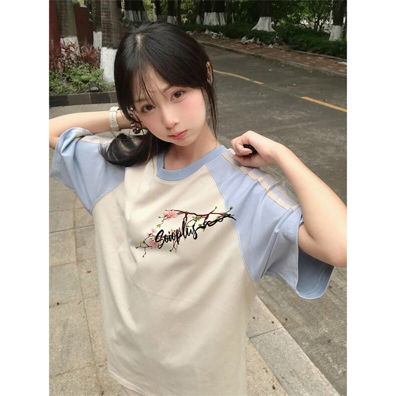 抖音得物品质二开240克宽松纯棉美式潮牌插肩三杠织带短袖T恤,男装T恤,电商A486
