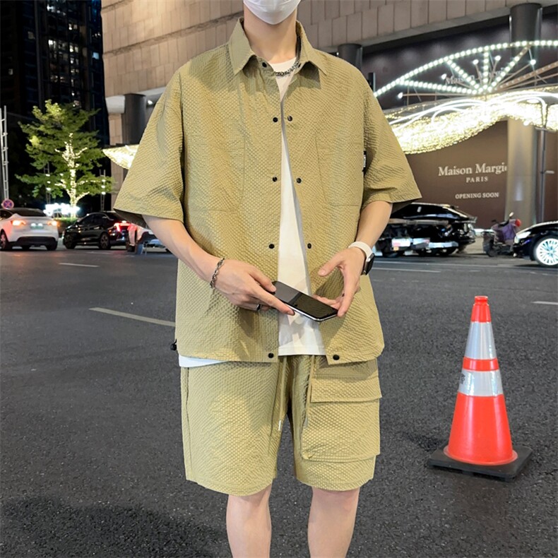 夏季薄款冰丝短袖衬衫情侣短袖短裤两件套装A455P65,男装衬衫,电商A309