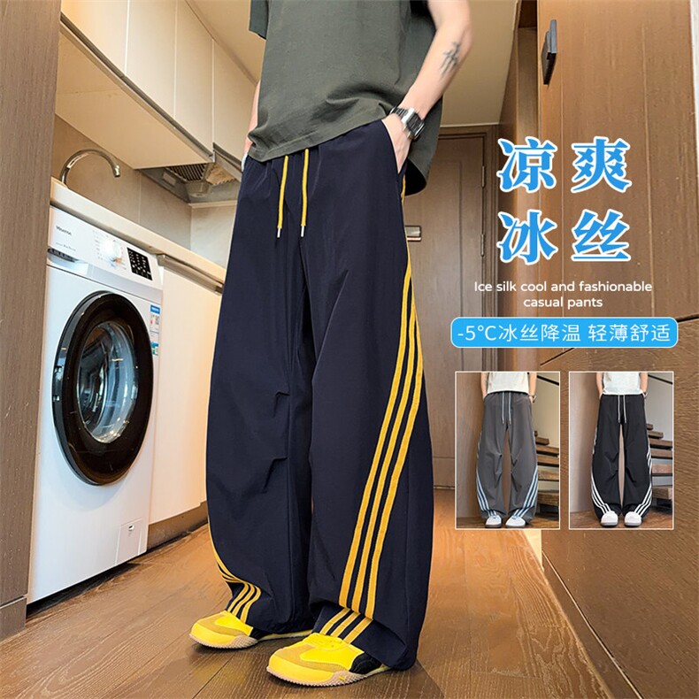 2026夏季新款凉感拼接三条杠宽松弯刀裤男K6735特P32建议零售价78,男装休闲裤,电商A001