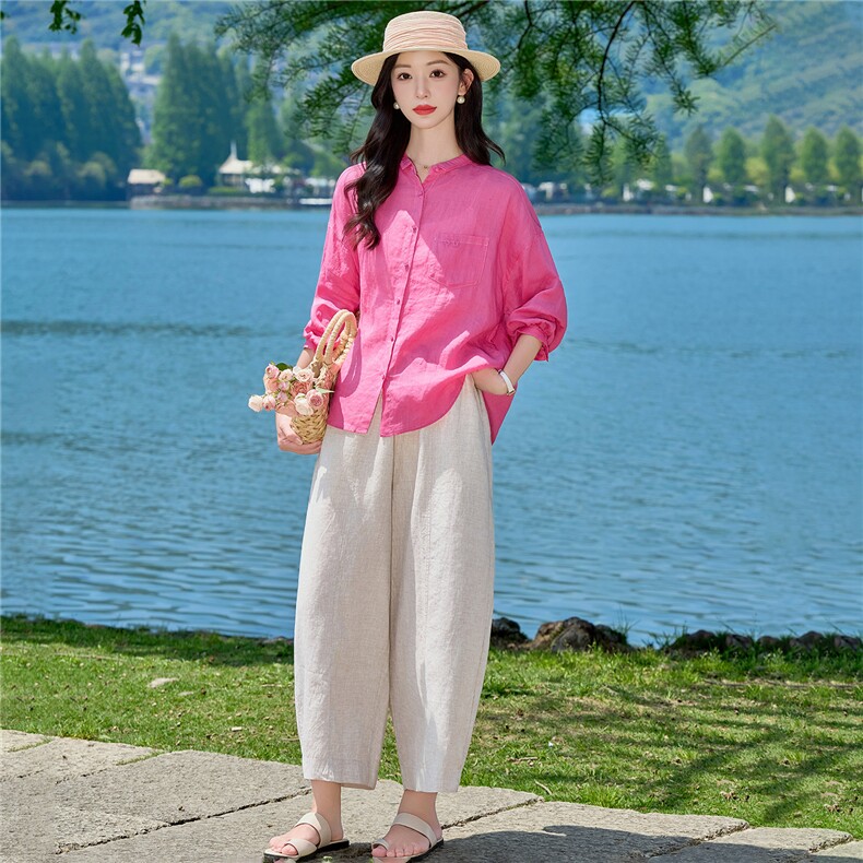 长袖棉麻上衣女2026年夏季气质翻领宽松慵懒风防晒衬衫罩衣,女装衬衫,梦懿尔