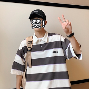 !条纹翻领宽松纯棉polo衫短袖男T恤XP221-P40控68图片