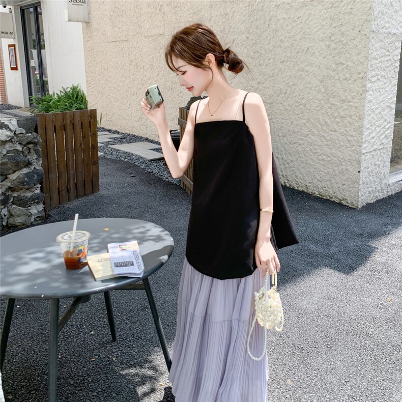 温柔风淡人气质套装女夏季2025法式飘带吊带上衣压褶半身裙两件套,女装套装/套裙,2C050