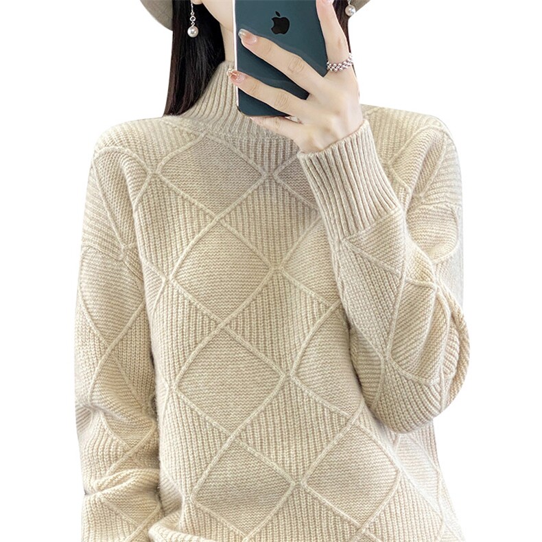 时尚百搭女士羊毛衫菱形方格纹高领毛衣显瘦保暖秋冬新款,女装羊毛衫,开创羊绒