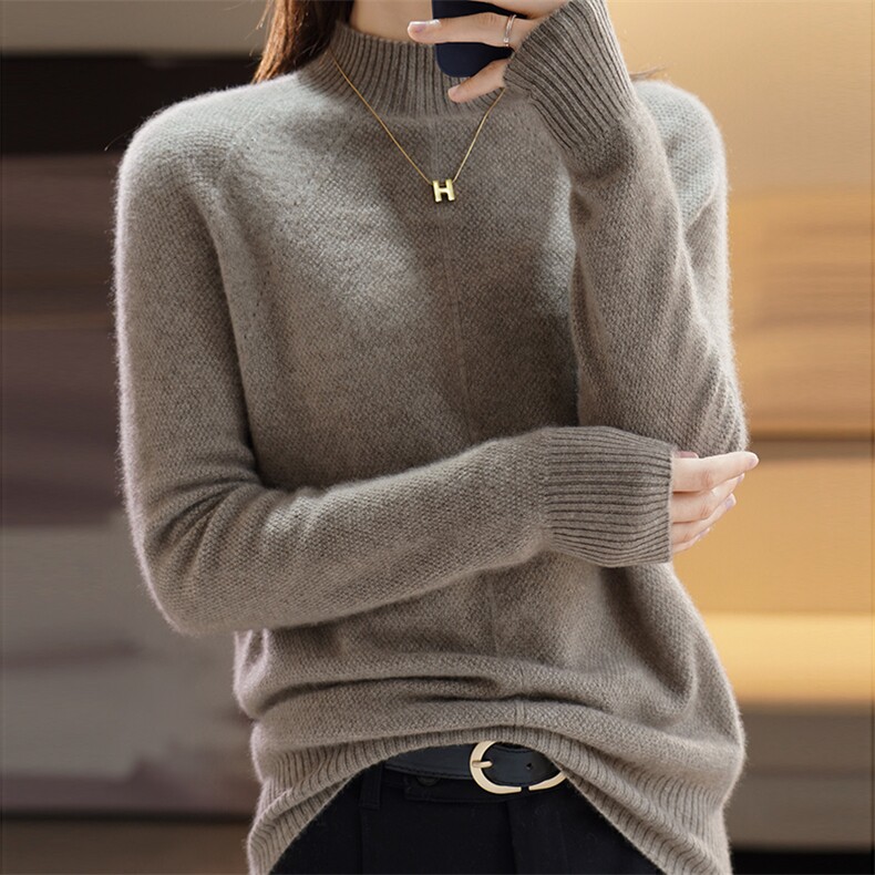 百搭秋冬新款羊毛半高领毛衣女宽松显瘦长袖针织衫打底衫,女装羊毛衫,蒙莲贝斯