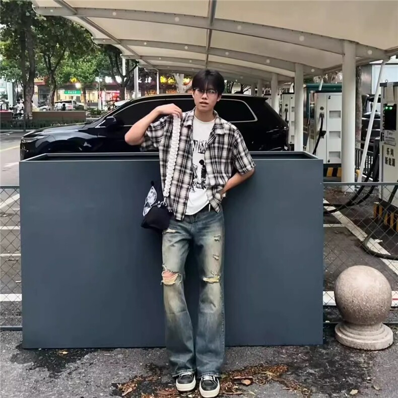 美式复古撞色毛边格子防晒短袖衬衫宽松休闲薄款衬衣CSY36,男装防晒衣,星座208-5