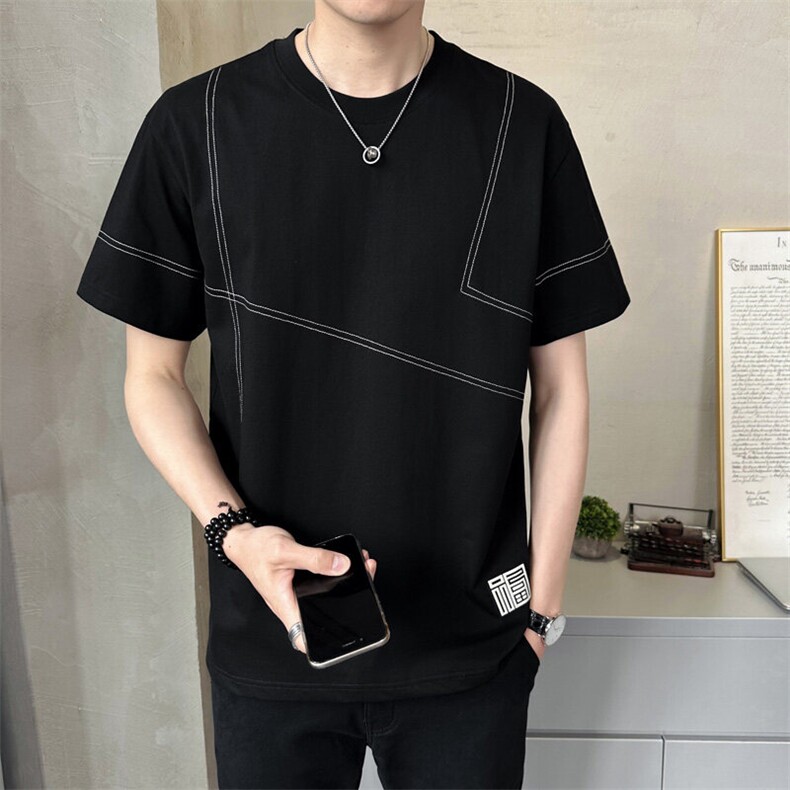 圆领短袖t恤男微宽松明线时尚半袖T恤潮流A329-T163-P48,男装T恤,电商A329