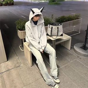 抖音得物高品质 26春装美式高街铆钉杜宾犬耳朵开衫卫衣外套W125图片