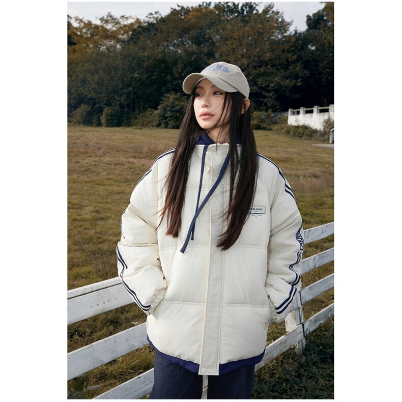 假两件连帽铺棉外套男冬季潮牌时尚保暖情侣条纹休闲棉袄外套，女装棉衣/棉服，星座1210-1