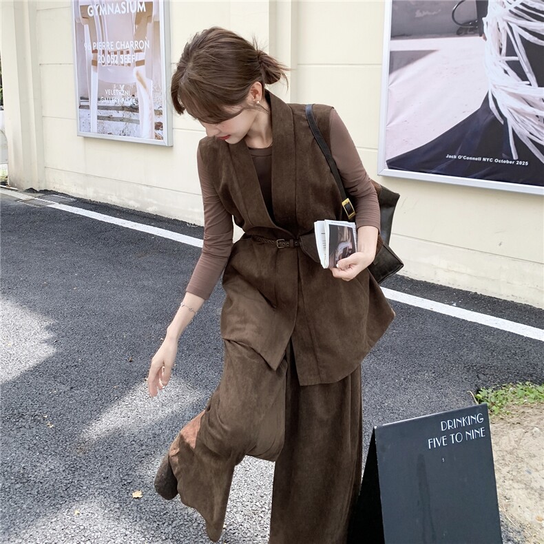 【现货】马甲阔腿裤麂皮绒两件套装2C327-9909P175控269,女装套装/套裙,2C327