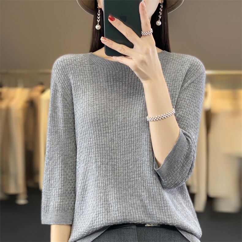 2024夏季新款曲珠冰丝华夫格撞色短袖宽松百搭半袖女背心针织T恤,针织衫/毛衣,大美人高端店