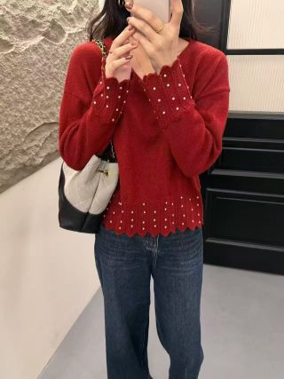 2025年秋季常规款通勤单件长袖V领珍珠套头,针织衫/毛衣,暖烁特种纱工厂店