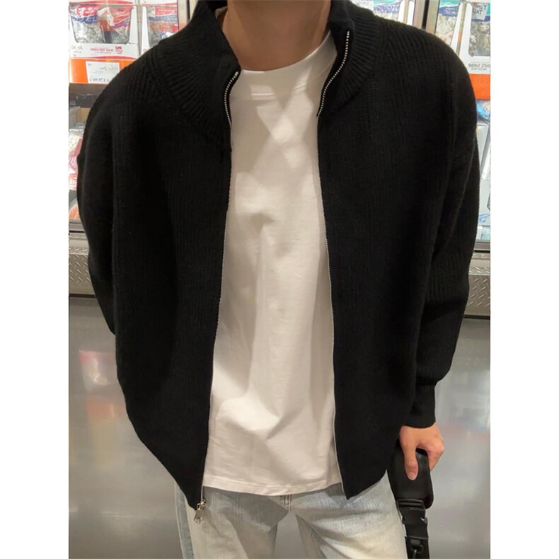 重磅秋冬北极绒双拉链毛衣开衫美式复古休闲慵懒风宽松针织衫外套图片