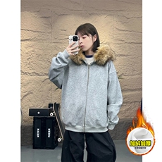 480G重磅加绒硬挺boxy秋冬美式高街超大毛领座山雕连帽卫衣厚外套，女装短外套，电商A486-1