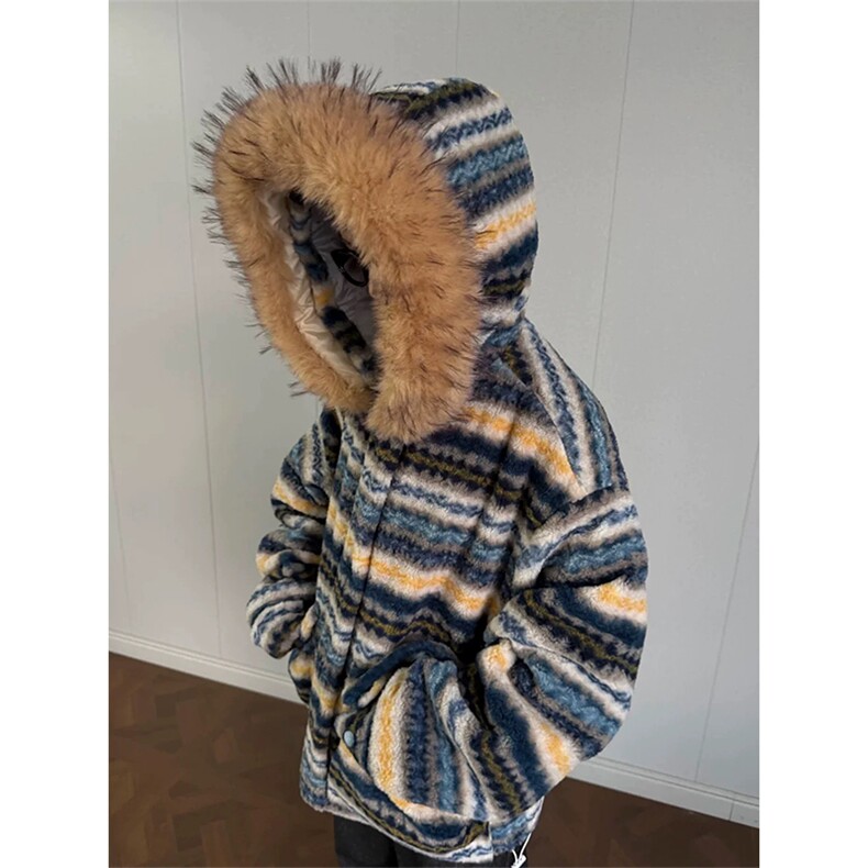 网图有货 条纹毛领可拆线连帽棉服外套男女保暖棉衣 A1117-P130图片