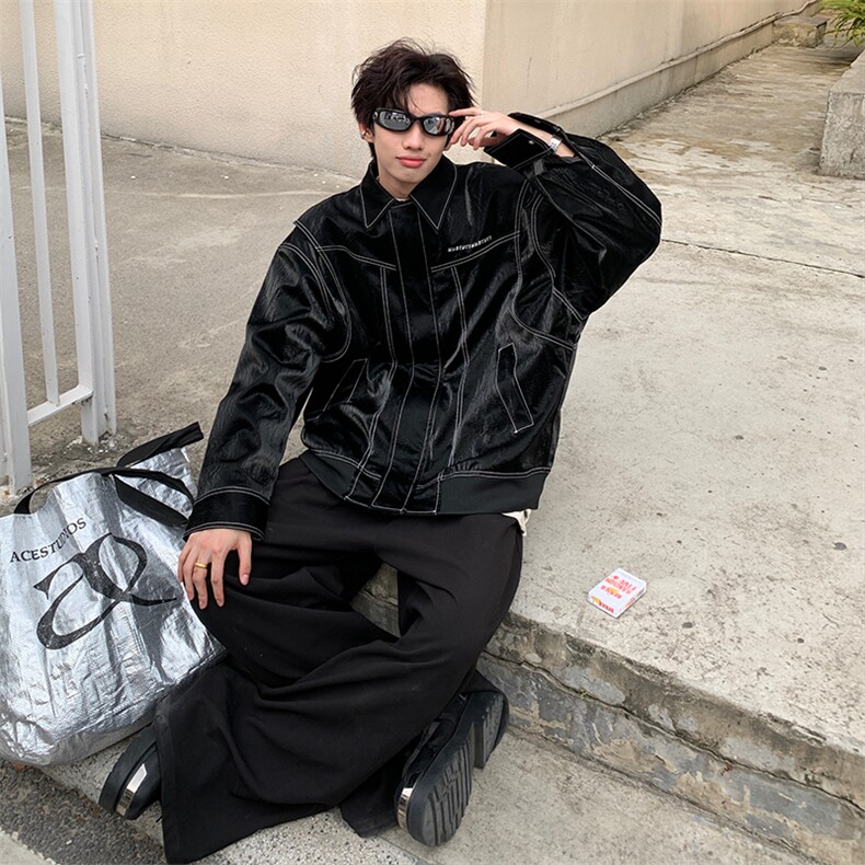 男女春秋PU皮夹克宽松休闲外套美式潮流上衣JK06-特P158,男装夹克,电商B327