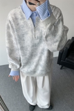新款假两件条纹拉链衬衫领休闲春款卫衣高街休闲学院卫衣特P50，男装卫衣，电商B319
