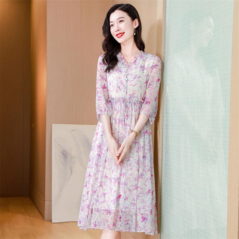 真丝连衣裙2025夏季新款大码女装衣服桑蚕丝高端精致气质碎花裙子,女装连衣裙,阿舍尔精品