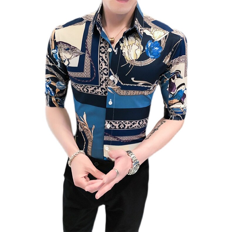 312A-258-P55新款社会小伙中袖衬衫韩版潮流男士五分袖衬衣A,男装T恤,星座312A-5