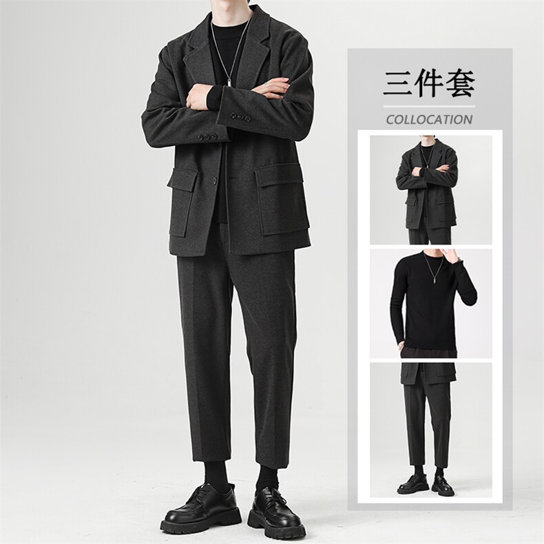 秋冬新款男士毛呢西服套装痞帅三件套高级感轻熟风港风男装一套潮图片