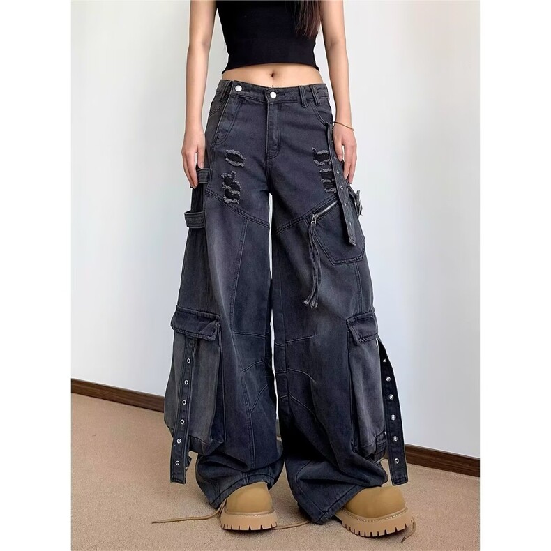 牛仔工装裤女款2025新款废土风低腰不对称飘带磨白长裤RK3186-P75，男装工装外套，星座412-3