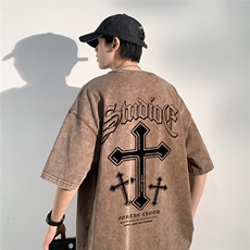 EQ215水洗做旧蜡染美式复古夏季短袖T恤宽松版型潮流字母印花男，男装T恤，电商C306-1