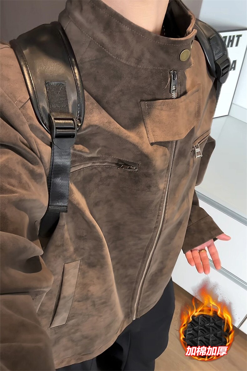 加厚扎染正肩PU皮衣大码立领棉衣外套男J5238J加棉-特P90控158,男装皮衣,电商A001