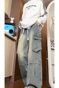 得物二开美式阔腿休闲裤子男秋季水洗工装牛仔裤-A1158TP55控88图片