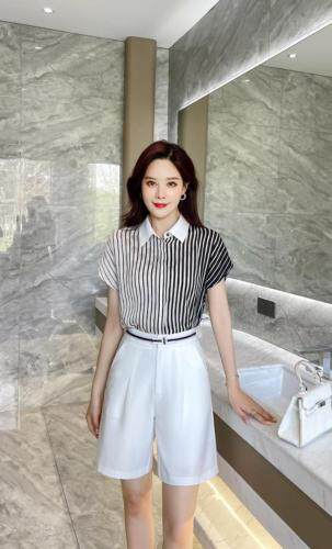 渐变条纹拼接衬衫，女装衬衫，七米