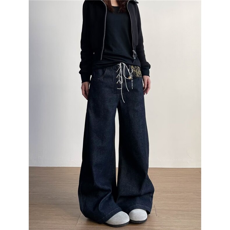 日系简约百搭ins时尚潮流原宿豹纹拼接牛仔长裤气质流行新款慵懒，女装牛仔裤，星座506A